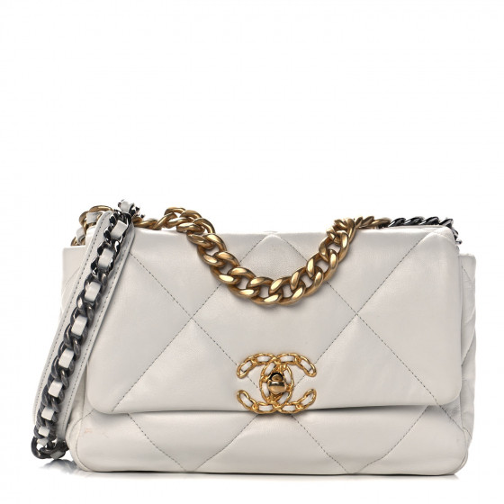 CHANEL Goatskin Quilted Medium Chanel 19 Flap White