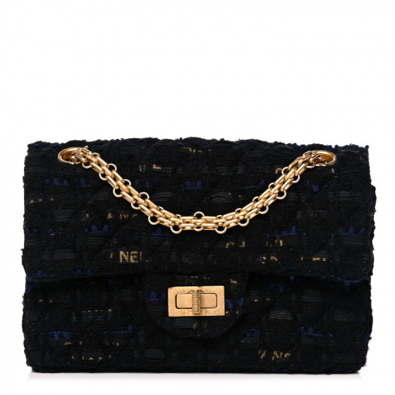 CHANEL Tweed Quilted 2.55 Reissue Mini Flap Black Gold Navy