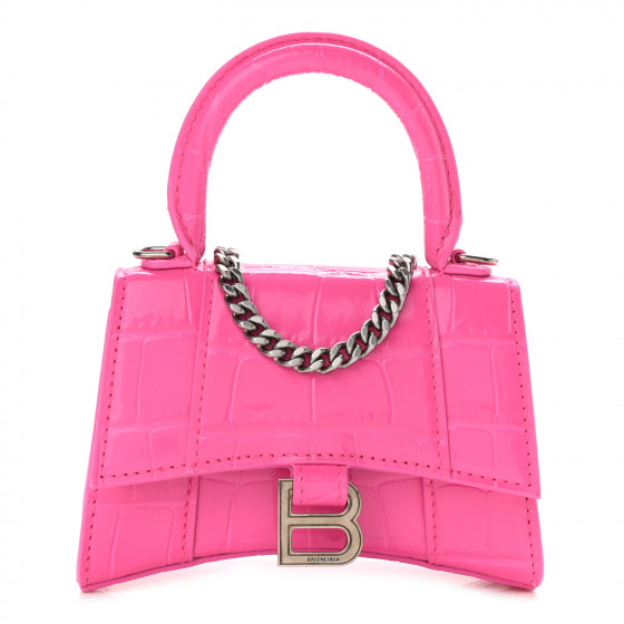 BALENCIAGA Shiny Calfskin Crocodile Embossed Hourglass Top Handle Bag Mini Neon Pink