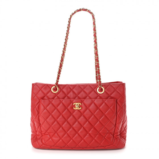 CHANEL Calfskin Quilted Shopping Tote Red