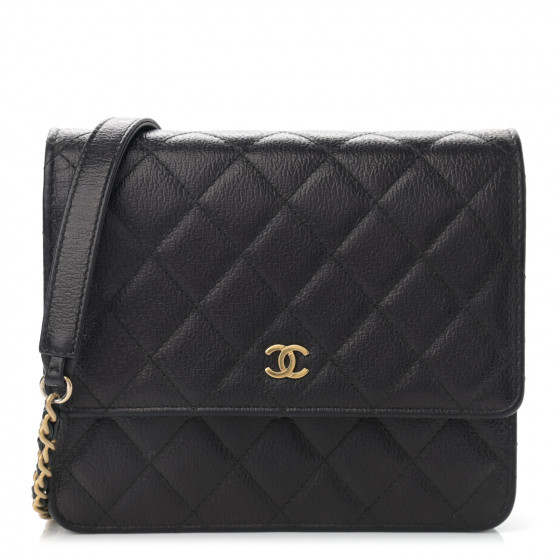 CHANEL Letter Calfskin Embossed Quilted Square Wallet On Chain WOC Black