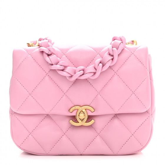 CHANEL Lambskin Quilted Small Lacquered Chain Flap Pink