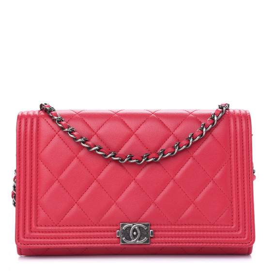 CHANEL Lambskin Quilted Boy Wallet On Removable Chain Fuchsia