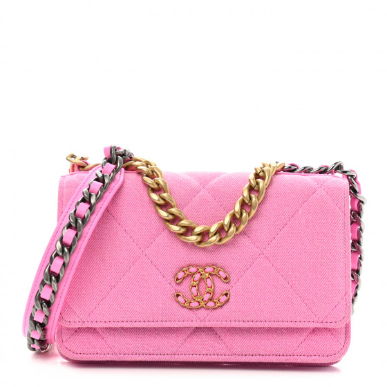 CHANEL Denim Quilted Chanel 19 Wallet On Chain WOC Neon Pink