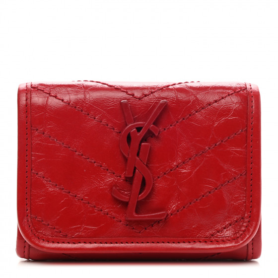 SAINT LAURENT Crinkled Calfskin Matelasse Monogram Niki Compact Wallet Red