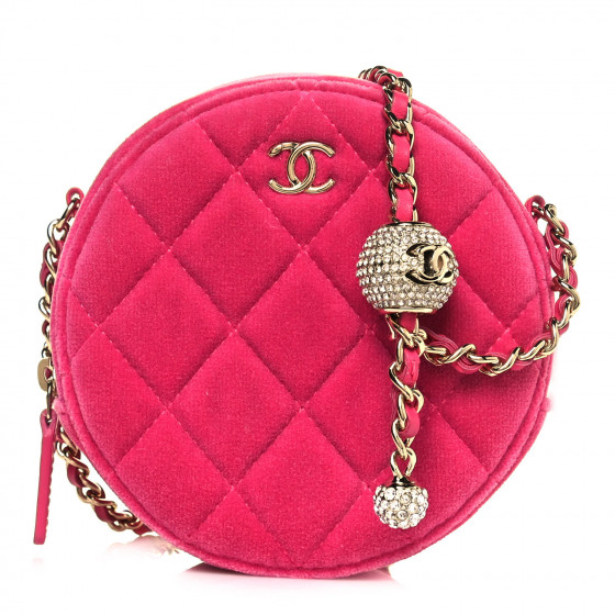 CHANEL Velvet Round Quilted Pearl Crush Clutch With Chain Pink