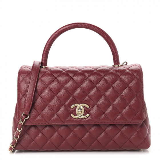 CHANEL Caviar Lizard Embossed Quilted Small Coco Handle Flap Burgundy