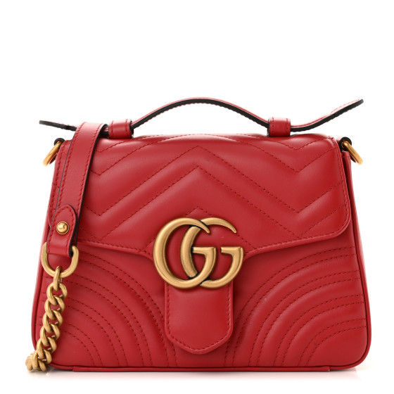 GUCCI Calfskin Matelasse Mini GG Marmont Top Handle Shoulder Bag Hibiscus Red