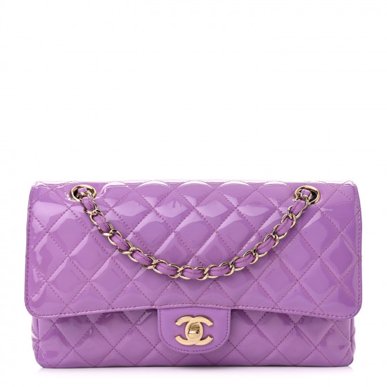 CHANEL Patent Quilted Medium Double Flap Light Purple