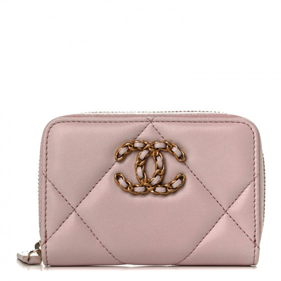 CHANEL Lambskin Quilted Chanel 19 Zip Around Coin Purse Wallet Light Pink