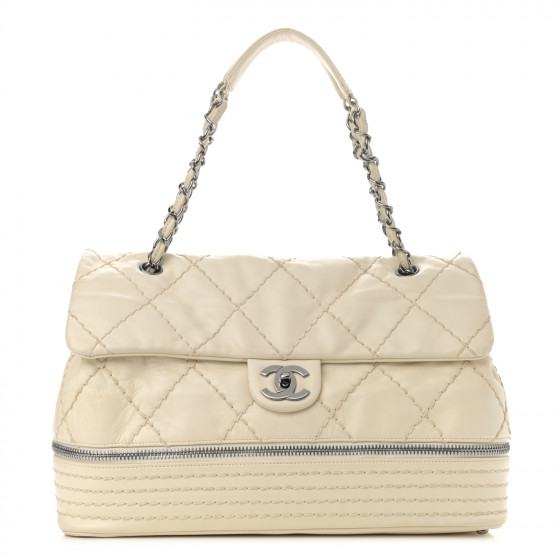 CHANEL Calfskin Stitched Large Expandable Flap Bag White