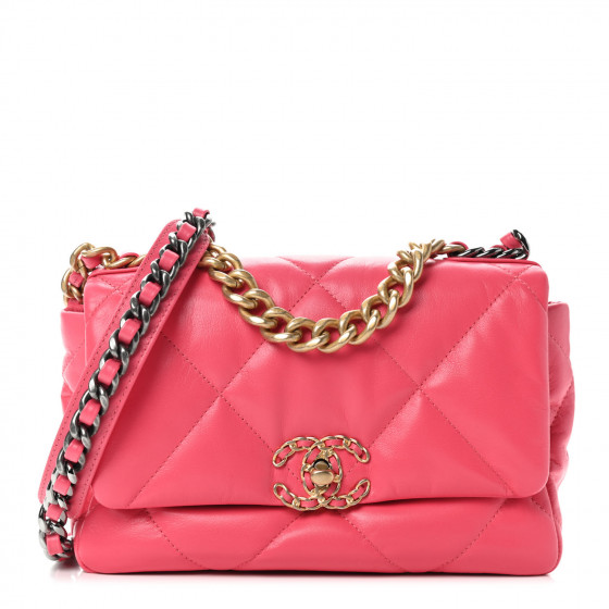 CHANEL Shiny Lambskin Quilted Medium Chanel 19 Flap Neon Pink