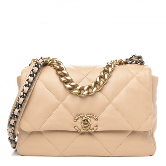 CHANEL Shiny Goatskin Quilted Large Chanel 19 Flap Beige