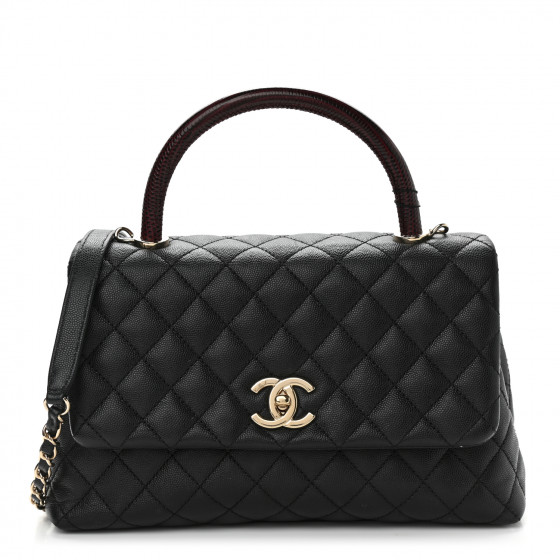 CHANEL Caviar Lizard Embossed Quilted Small Coco Handle Flap Black