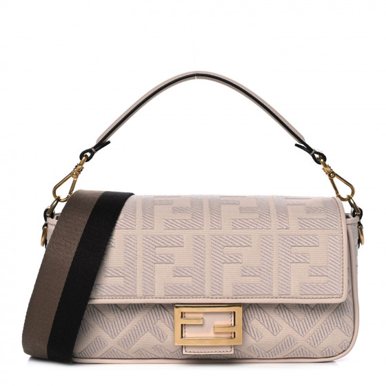 FENDI Canvas Calfskin FF Embroidered Baguette Poudre