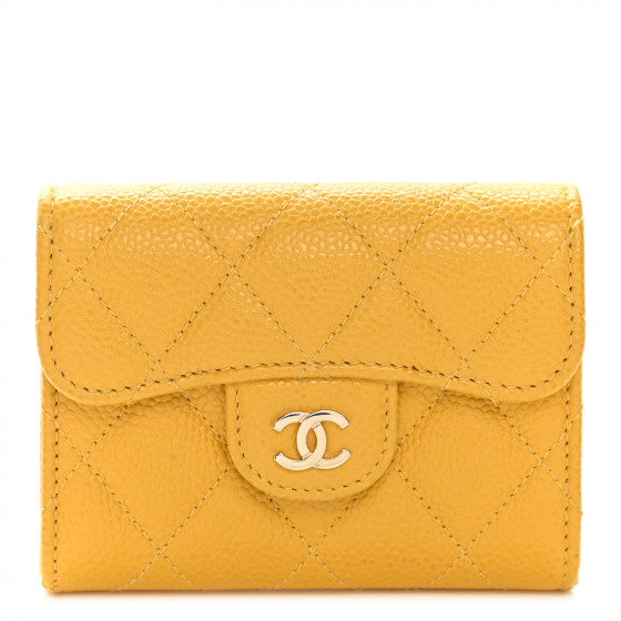 CHANEL Caviar Quilted Flap Card Holder Wallet Yellow