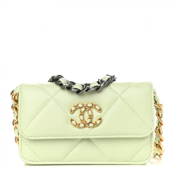 CHANEL Lambskin Quilted Chanel 19 Clutch With Chain Light Green