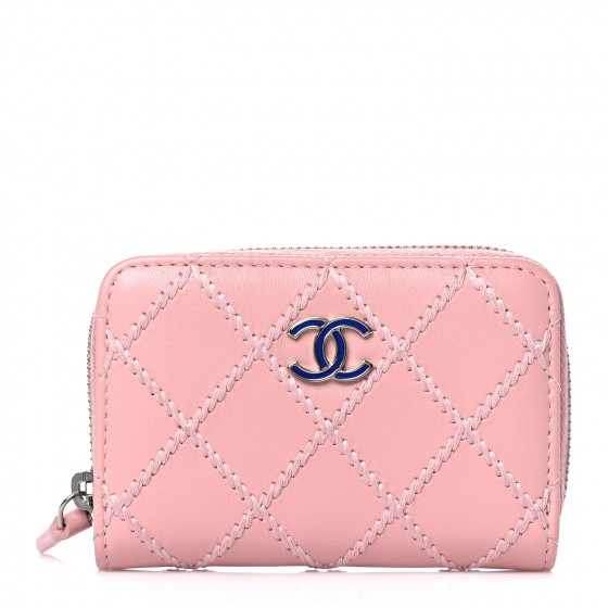 CHANEL Lambskin Double Stitch Zip Coin Purse Pink