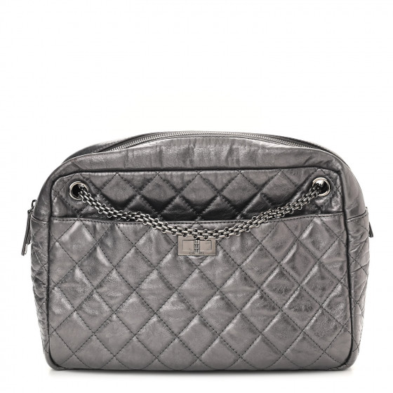 CHANEL Metallic Aged Calfskin Quilted Large Reissue Camera Case Silver