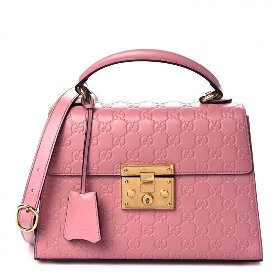 GUCCI Guccissima Signature Small Padlock Top Handle Bag Rose Baby Candy