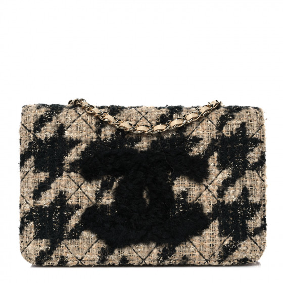 CHANEL Tweed Shearling Quilted Chanel Wallet On Chain WOC Beige Black