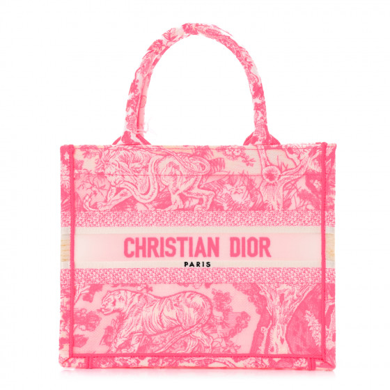 CHRISTIAN DIOR Transparent Canvas Embroidered Small Toile De Jouy Reverse Book Tote Fluorescent Pink