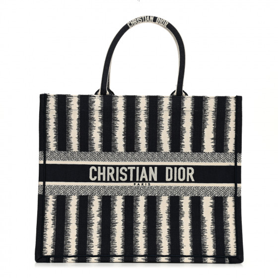 CHRISTIAN DIOR Canvas Embroidered Large Striped Book Tote Navy