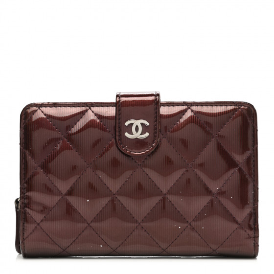 CHANEL Patent Quilted Zip Pocket Wallet Burgundy