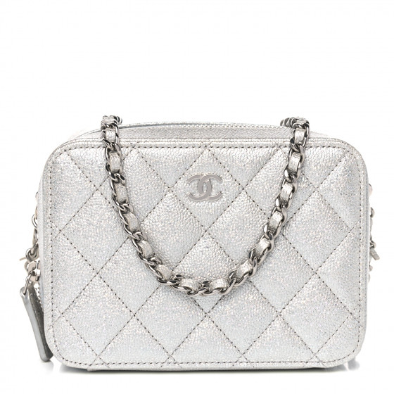 CHANEL Metallic Caviar Quilted Camera Bag Silver