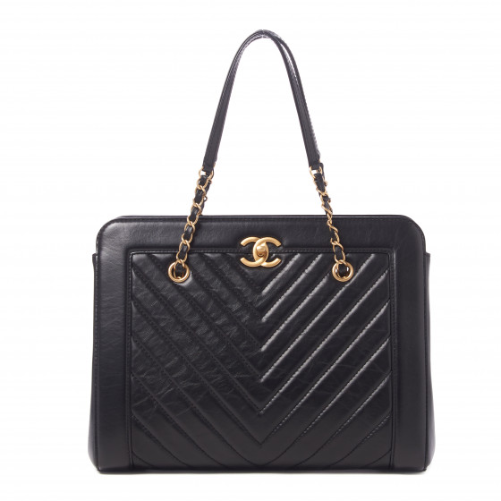CHANEL Aged Calfskin Chevron Quilted Large Shopping Tote Black