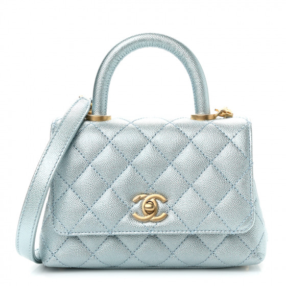 CHANEL Iridescent Caviar Quilted Extra Mini Coco Handle Flap Light Blue