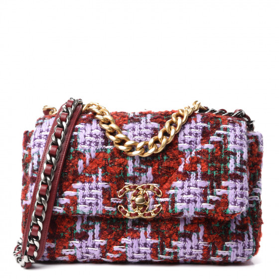 CHANEL Tweed Quilted Medium Chanel 19 Flap Red Purple Green