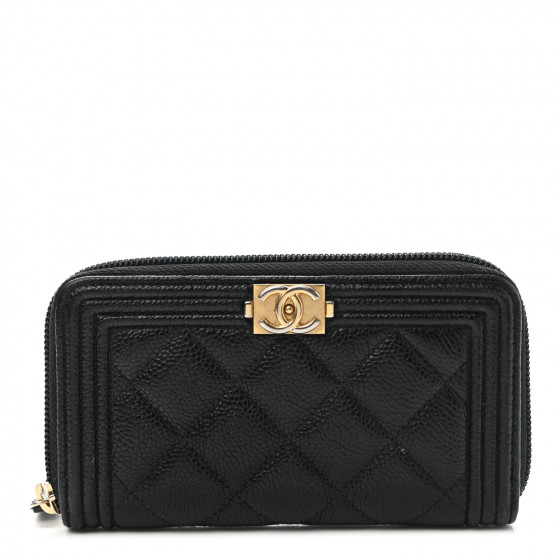 CHANEL Caviar Quilted Small Boy Zip Around Wallet Black