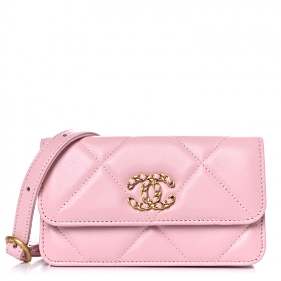 CHANEL Lambskin Quilted Chanel 19 Belt Phone Holder Bag Pink