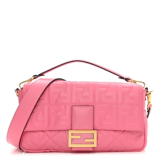 FENDI Nappa FF 1974 Embossed Large Baguette Rosa Fluo