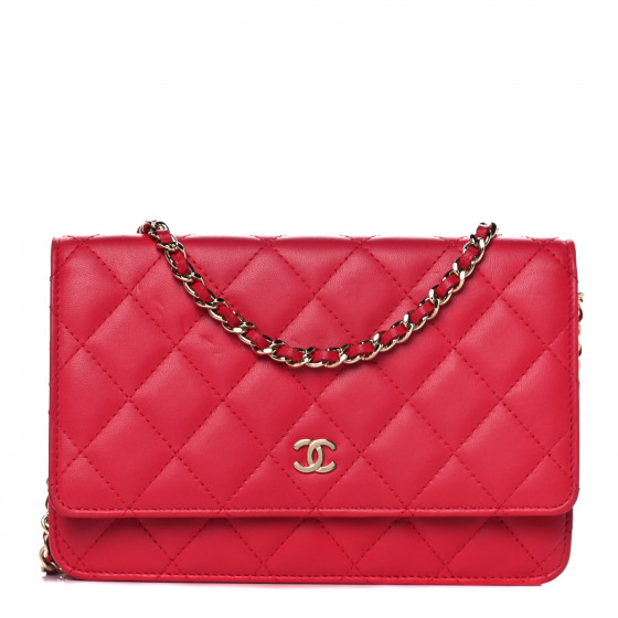 CHANEL Lambskin Quilted Wallet On Chain WOC Light Red