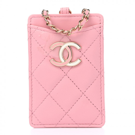 CHANEL Lambskin Quilted Chanel Card Holder On Chain Pink